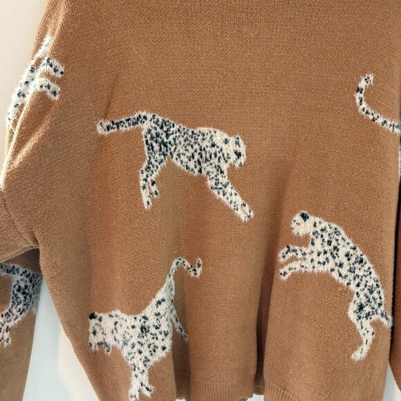 &merci Leopard Print Sweater | Tan w/ Black & White Leopard Design | Size Large - Picture 2 of 5